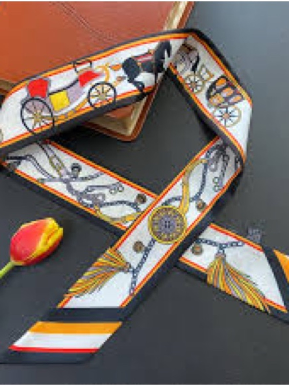 Polyester purse, scarf Horse & Tassel Printed Skinny  in White, Orange, Black